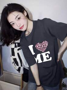 Kaos Lengan Pendek Motif Cinta, Atasan Kasual Longgar Serbaguna, Koleksi Musim Panas Terbaru - Dark Grey - View 4