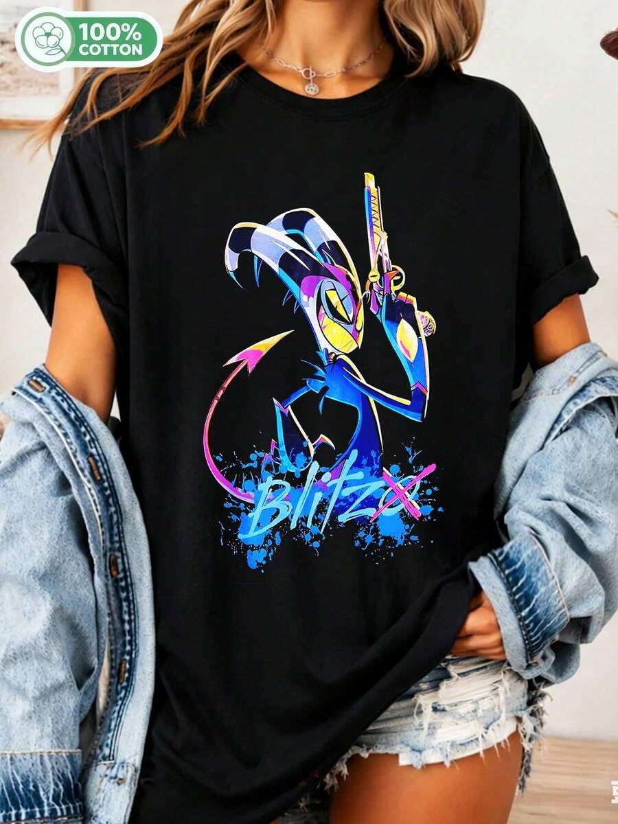Unisex Cotton T-Shirt With Neon Helluvas Boss Blitzo Design, Anime Style - Black - View 1