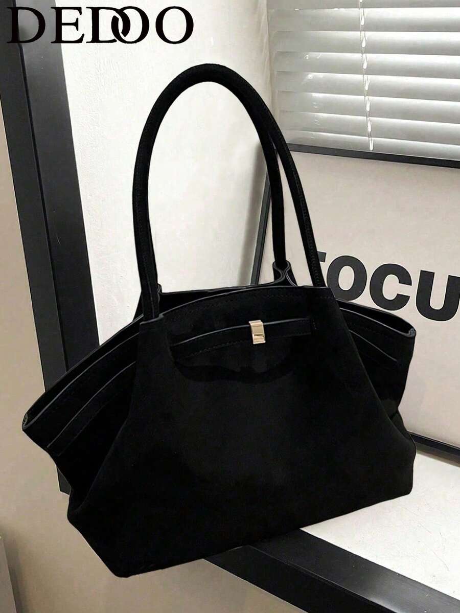 Dedoo 1个FEISTURE仿麂皮手提包，大容量纯色成熟优雅女士托特包，复古风格工作包，适合女孩、女士、大学生、上班族，最新时尚麂皮包，完美搭配女士秋季服装