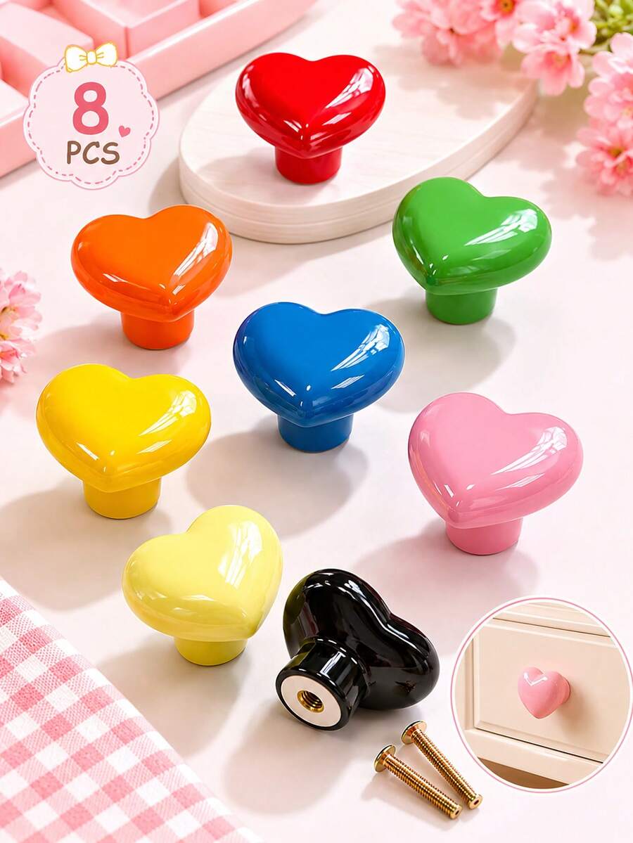 8pcs Heart-Shaped Ceramic Cabinet Knobs, Colorful Drawer Pulls, Suitable For Vanity, Wardrobe, Children's Room Furniture And Home Decor - Handle - View 1