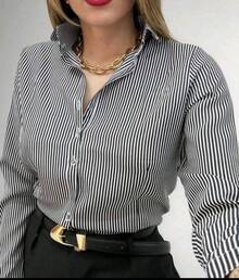 Camisa Social Feminina Listrada Crepe Premium Manga Longa Elegante Confortável - Preto Listrado - Visão 5