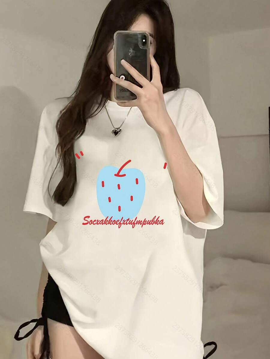 100% Cotton. Casual Short-Sleeved Printed T-Shirt. 100% Pure Heavyweight Cotton Short-Sleeved T-Shirt With Cartoon Print For Schoolgirls, Casual Round Neck Top, Slim Fit, Korean Style, For Women. Spring/Summer Top. - 白色 - 查看 1