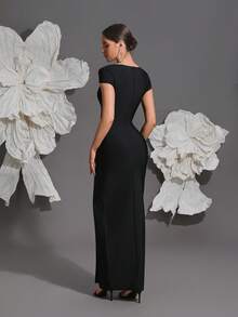 Strick-Bandage-Bodycon-Kleid, sexy figurbetonte Silhouette, luxuriöses europäisches und amerikanisches Design, Hochzeit, Schwarz, Party - Schwarz - Übersicht 9
