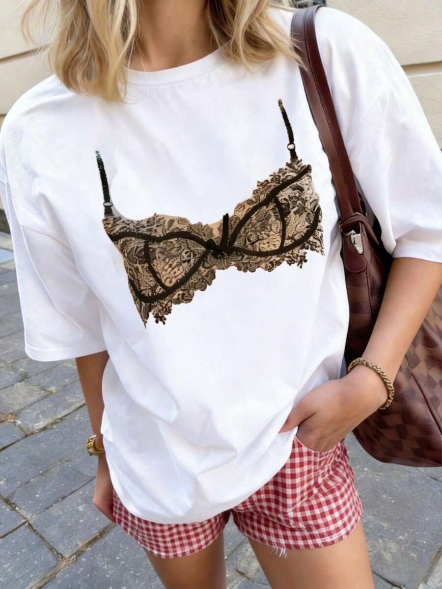 Women's Short-Sleeved T-Shirt With A Round Neck And An Interesting Lingerie-Style Graphic For Everyday Wear And Vacation. - White - View 1