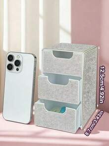 Full Rhinestone 3-Tier Small Drawer Desktop Storage Box Organizer For Jewelry And Cosmetics - Multicolor - View 10