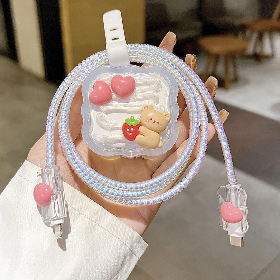 5pcs 20W UK Plug 3D Cream Glue Bear Charger Protective Case, Anti-Breakage Cable Protector For IPhone Data Cable - British-style Heart-shaped Teddy Bear - View 1