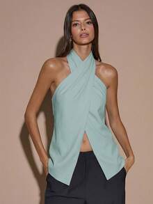 Blusa elegante de color café sólido con cuello halter sin espalda para mujer, top elegante, top con estilo de envoltura cruzada, otoño/invierno - verde menta - Ver 1