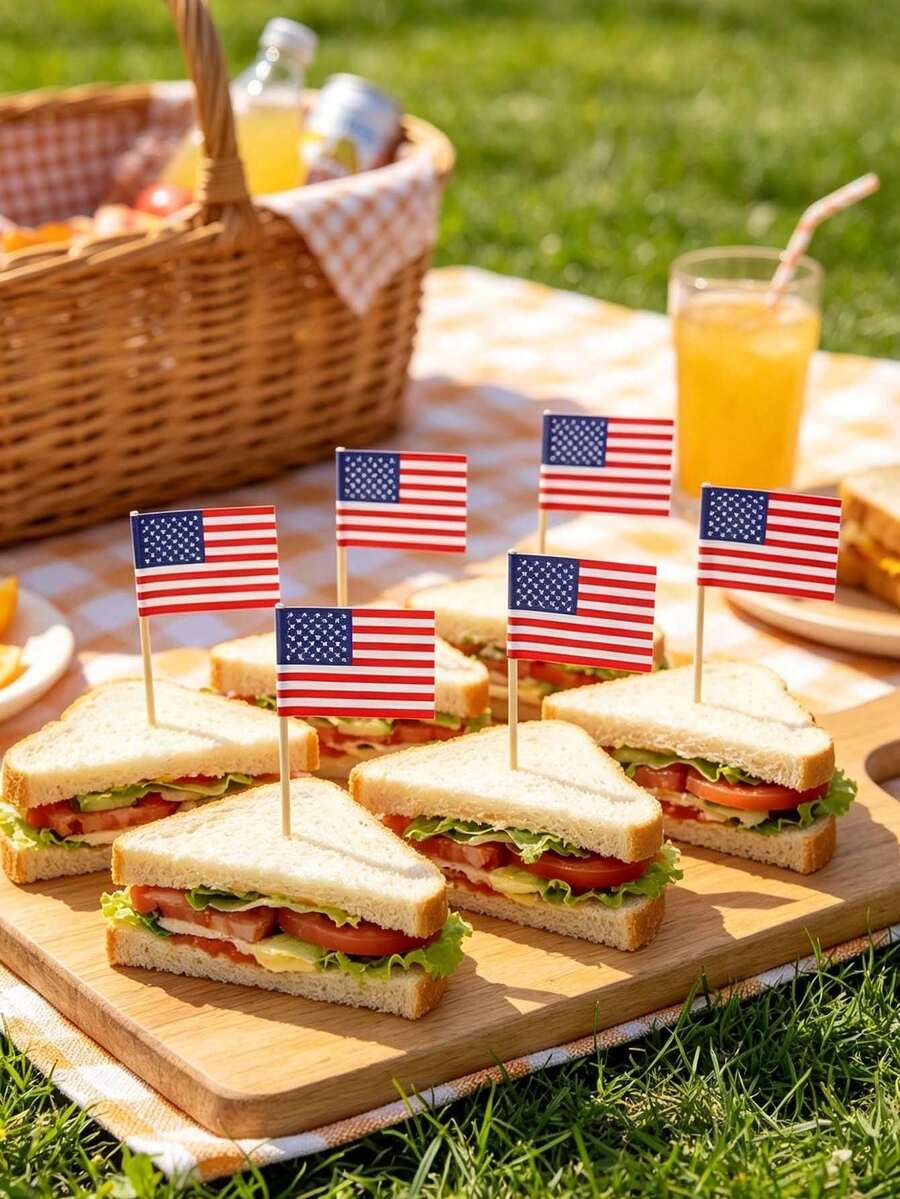 100pcs/Set American Flag 4th Of July Independence Day Thanksgiving Day Cupcake Toppers Picks For Party Decorations Supplies, Toothpicks Flags, Holiday Party Cake Decoration Flags, Hamburger Decoration Supplies, Cupcake Decoration,Independence Day Decoration Supplies - View 1