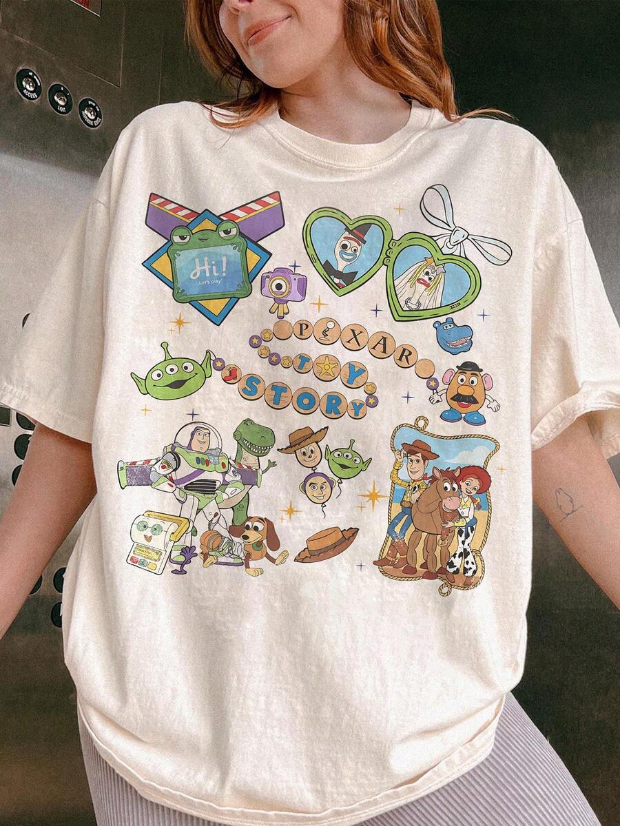 Officially Licensed Disney Toy Story 5 Retro Color Scheme T-Shirts, Woody And Buzz Lightyear Disney T-Shirts, Disney Theme Park Group Vacation T-Shirts, Retro Family Travel T-Shirts, Disney Parent-Child Outfits, 100% Pure Cotton High-Quality T-Shirts, Fit Well, Unisex, Perfect Gift, Free Shipping. - 杏色 - 查看 1