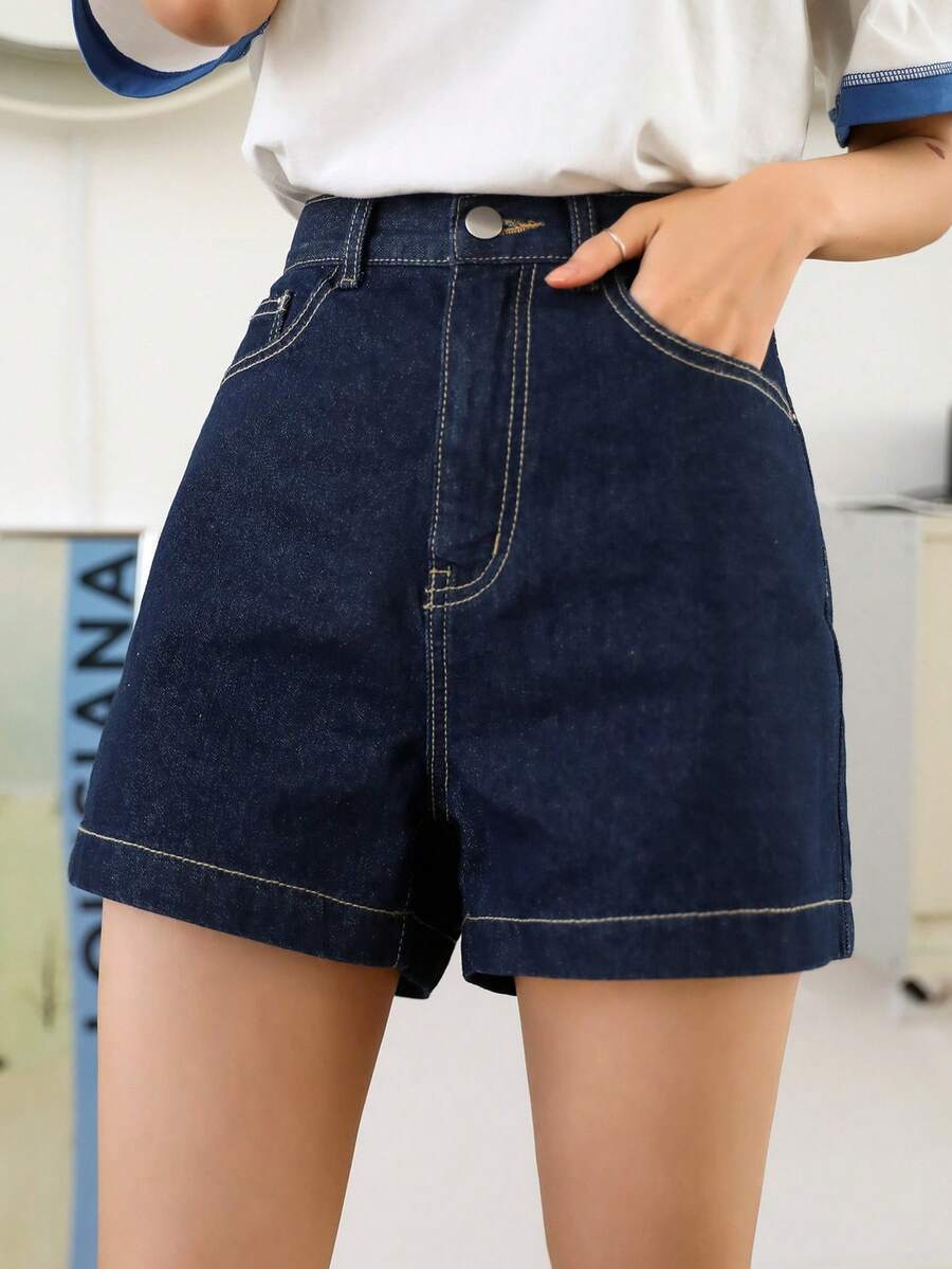 Shorts vaqueros con bolsillo sólido - Azul lavado oscuro - Ver 1
