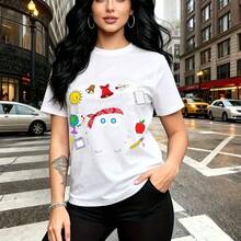 Camiseta de mujer con estampado colorido "Back to School" y lechuza con anteojos rodeada de útiles escolares - camiseta casual de manga corta, ajuste cómodo y moderno, estilo urbano perfecto para el regreso a clases - regalo ideal para mamá, esposa, - Blanco - Ver 10