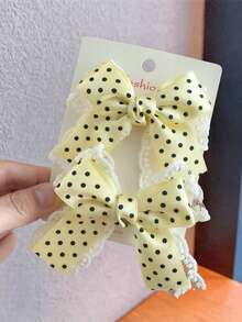 2pcs Polka Dot Lace Pearl Bow Clip, Versatile Daily Wear Accessory, Spring/Summer - Yellow - View 4