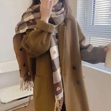 Cachecol Feminino Xadrez Corações Inverno Elegante Quente Macio Franjas Lenço Fashion Luxo - Castanho - Visão 8