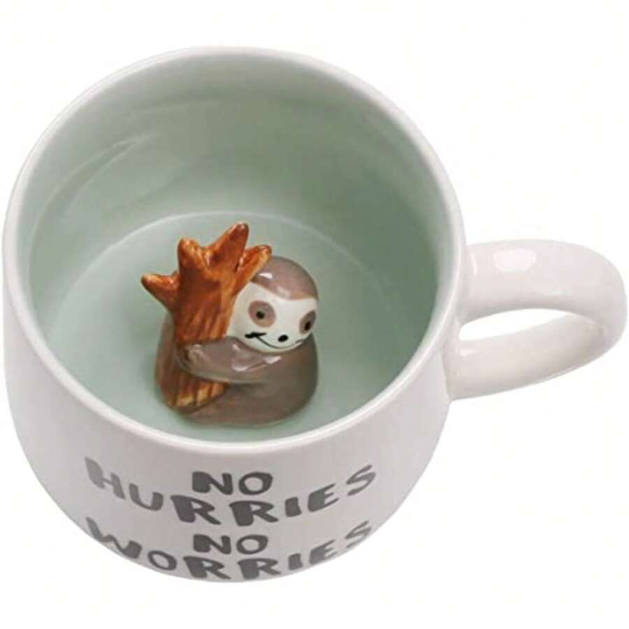 Taza de café 3D con dinosaurio en el interior, linda taza de té de cerámica con figura de animal hecha a mano, regalos para Navidad, cumpleaños, día de la madre para amigos, familia o niños - Perezoso blanco - Ver 1