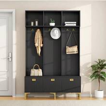 Wardrobe Set With Bench, Multifunctional Storage Bench, Open Storage, 6 Hooks And Gold Legs, Suitable For An Entryway Or Living Room, White, W 120/D 40/H 191.5 Cm - Black - View 11
