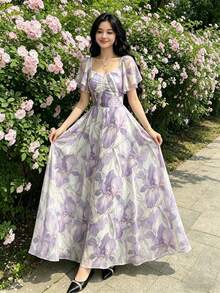 Vestido cuadrado con cuello fruncido, mangas abullonadas y estampado floral de flores pequeñas en azul cobalto. Vestido floral elegante y ceñido a la cintura para el verano y uso diario. - Multicolor 13 - Ver 1