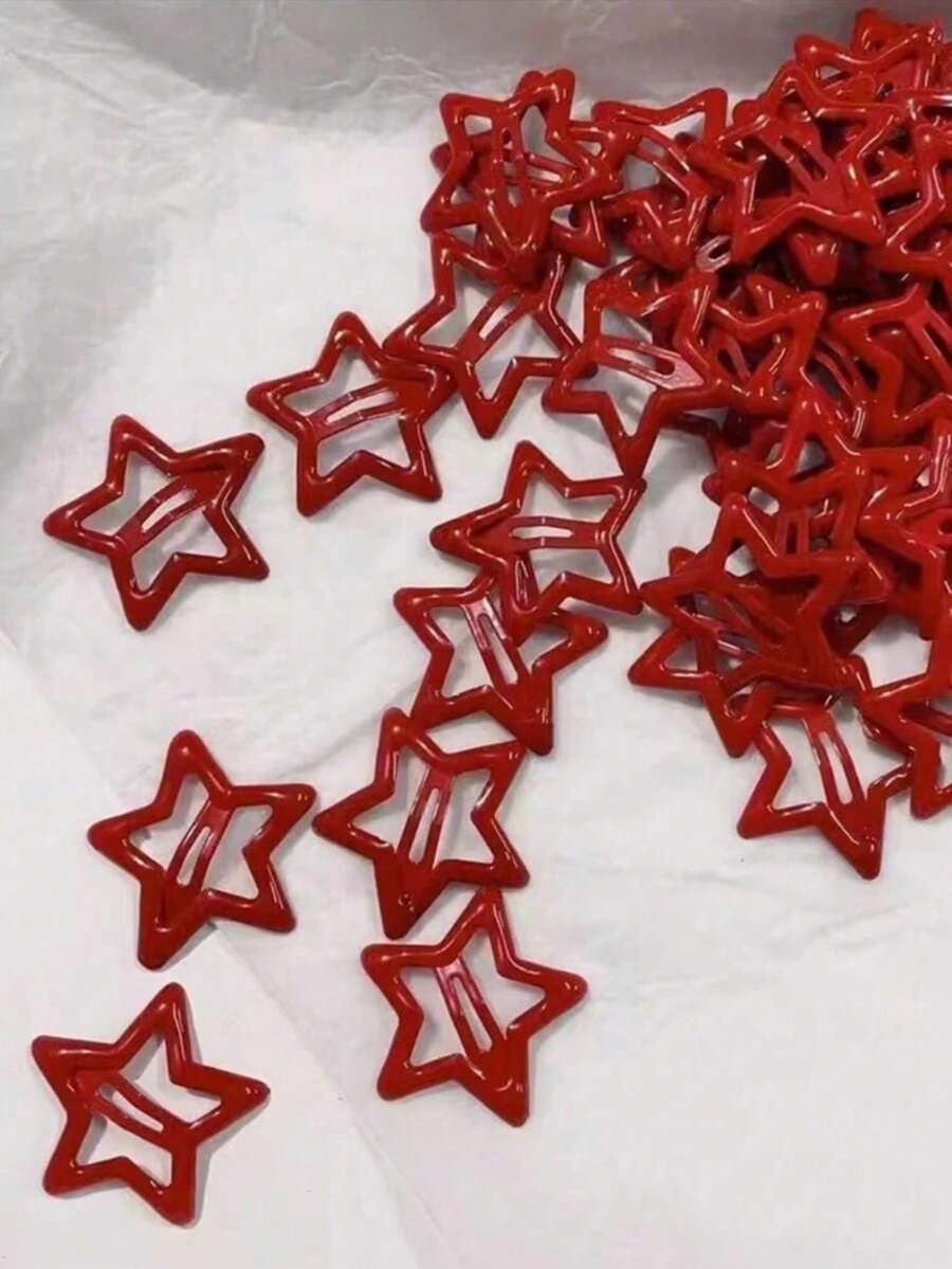 Conjunto de 8 peças de ganchos de cabelo femininos vermelhos em metal com estrela, adequados para uso diário, acessório de cabelo doce com pentagrama, garras de cabelo - Vermelho - Ver 1