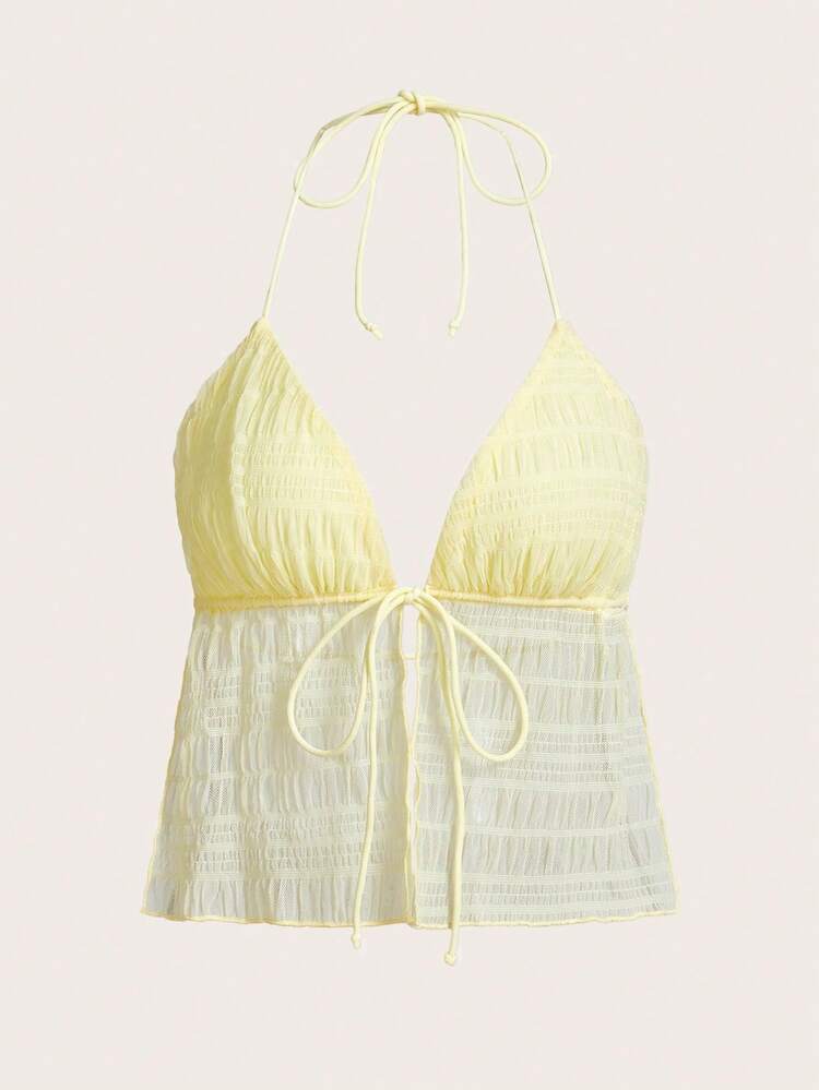 ICON Top halter de malla sin espalda con lazo dividido en el dobladillo, estilo Y2K - Mostaza Amarilla - Añade 1