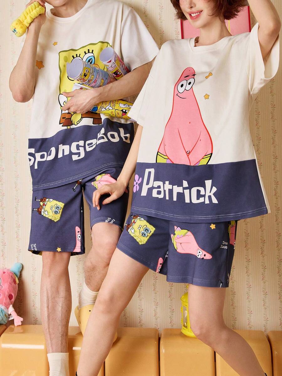 Gongdie SpongeBob SquarePants 两件套海绵宝宝女士情侣睡衣套装，夏季柔软透气纯棉可爱卡通印花家居服 - 米色 - 查看 1