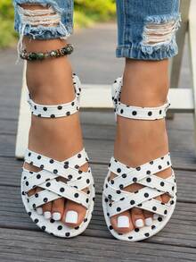 Wide Fit Women's Polka Dot Open-Toe Sandals, Plus Size 36-46, Soft Sole Comfortable Vacation Footwear - White - View 2