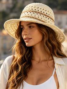 1pc Polyester Bohemian Straw Hat, Fashion New Brim Design, Breathable Outdoor Sun Protection Hat, Suitable For Daily Outdoor Use - Multicolor - View 4