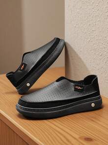 Men's Breathable Comfortable Perforated Casual Shoes, Versatile Slip-On Loafers, Suitable For Summer, Work, Travel, Driving - Black - View 3