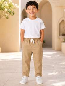 Conjunto de 3 pantalones largos casuales con bolsillos y cordón para niños, de unicolor delgado y de estilo versátil, adecuados para uso diario, escuela y viajes - Multicolor - Ver 3