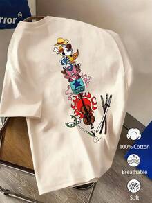 Minimalist. 100% Cotton. 1 Pack. Unisex Oversized T-Shirt With Cartoon Graphics, Thick Fabric, Relaxed Fit, Round Neck, Suitable For Summer, Casual And Fun Style. Summer Oversized T-Shirt - White - View 1