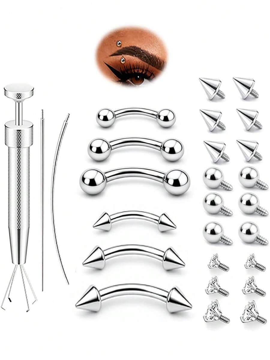 Eyebrow Piercing Jewelry Set Stainless Steel Curved Barbell Kit With CZ, Spike & Ball Replacement Ends,Rook Daith Lip Rings For Women Men - Silver - View 1