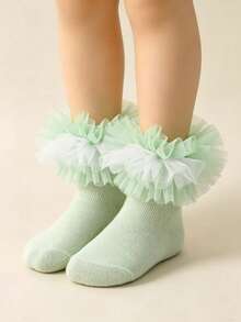 1 par de calcetines cortos de malla y encaje estilo princesa para niñas, calcetines de bebé de doble color con volantes de malla para baile y actuación de tutú - verde menta - Ver 8