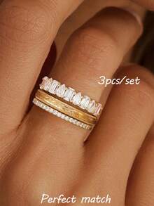 rundraw 14K Gold Plated Stackable Rings Set For Women, Cubic Zirconia Embedded, Engagement/Wedding/Thumb Rings, Durable & Tarnish Resistant, Size 6-10 - Gold - View 1