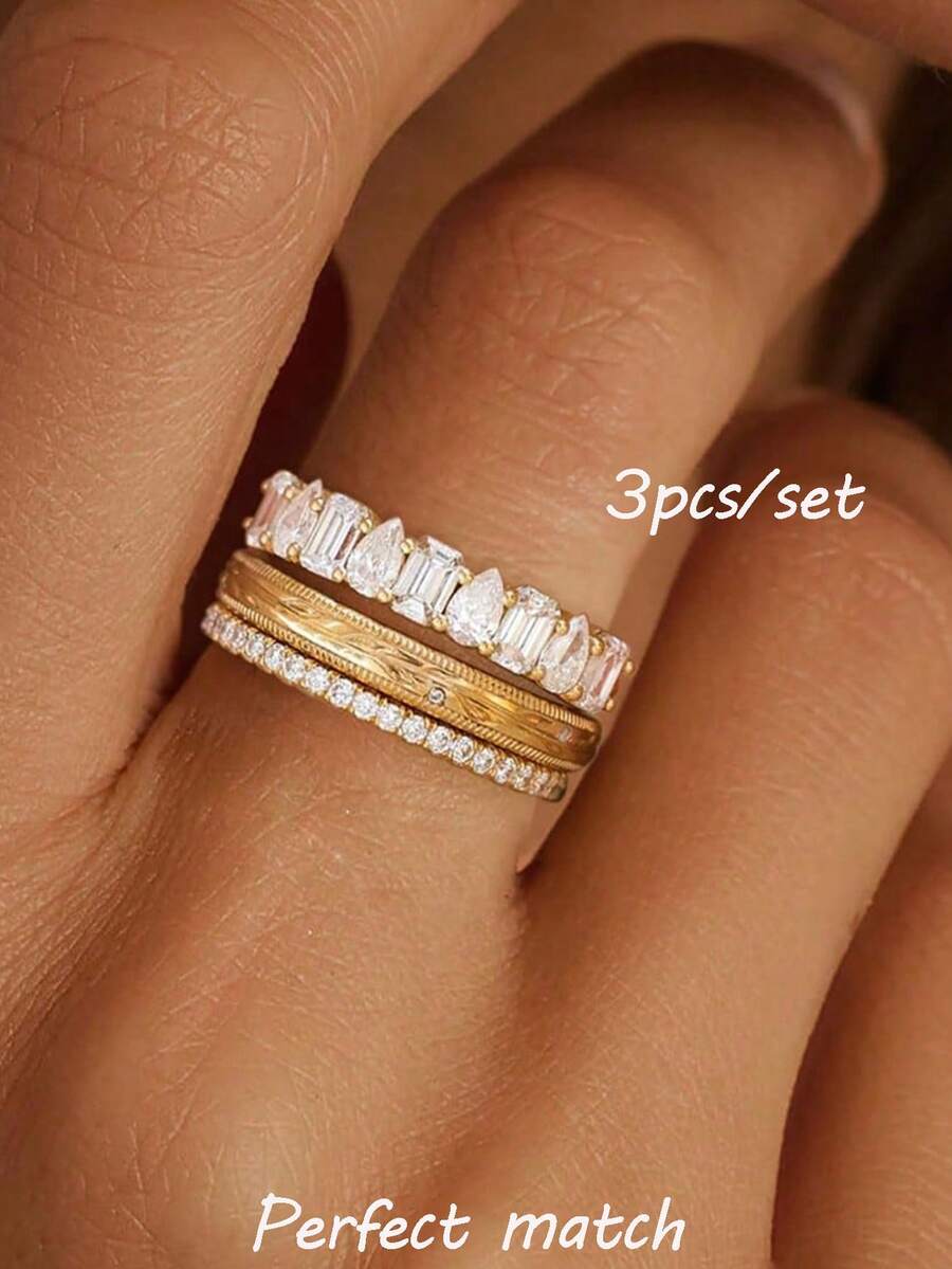 rundraw 14K Gold Plated Stackable Rings Set For Women, Cubic Zirconia Embedded, Engagement/Wedding/Thumb Rings, Durable & Tarnish Resistant, Size 6-10 - Gold - View 1