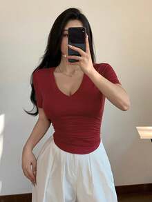 Camiseta de manga corta con cuello en V rojo sólido para mujer, para verano - Rojo - Ver 1