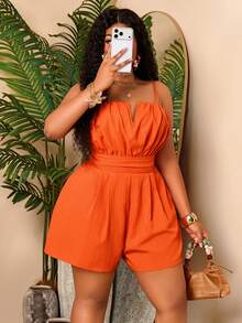 BIUBIU Plus Size Women's Orange Casual Jumpsuit, Sleeveless Spaghetti Strap V-Neck Ruched Short Jumpsuit With Pockets, Suitable For Summer And Daily Wear - Burnt Orange - View 6