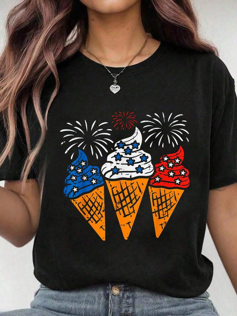 Plus Size Women Clothes Blue White Red Ice Cream Cone US Flag 4th Of July Patriotic T-Shirt Funny Shirt Casual Top Graphic Tee - 黑色 - 查看 1