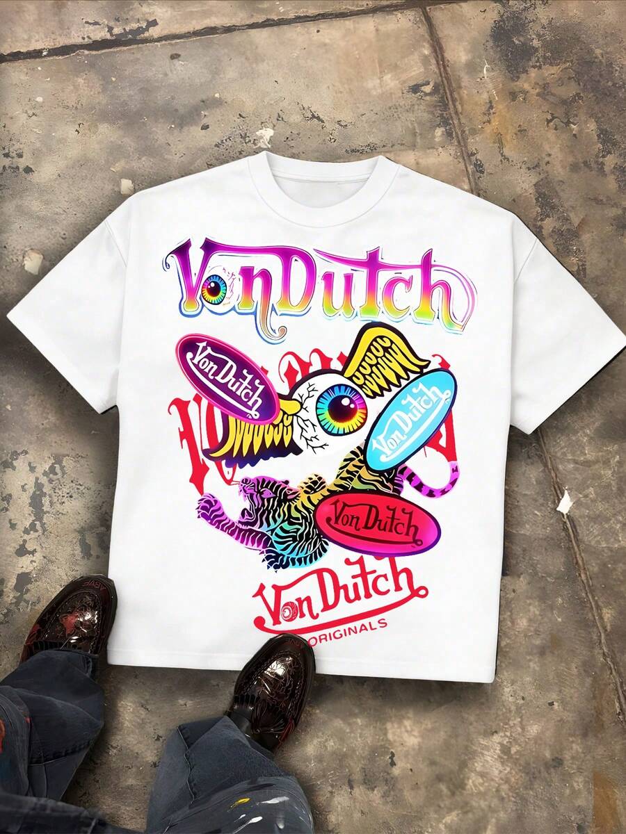 Von O Dutch Classic Sci-Fi Style Tops - Oversized Old Printed Washed T-Shirt. Men's 100% Cotton, Loose Fitting, Y2K Street Retro Casual Urban Aesthetics, 100% Cotton Pullover. Gifts Men Clothes Men Shirts Graphic Teens Men Vintage T Shirts Graphic Tees Tanktop - 白色 - 查看 1