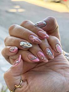 10 Pieces Handmade Press On Nail,Summer Nails,Cute Nails,False Nails,Almond Nails,Y2k Nails,Pink Nails, With Pink & Silver Metallic Accents, 3D Star Decals, And Silver Stud Details ,Perfect For Daily Wear, Parties, And Special Occasions. - Pink - View 5