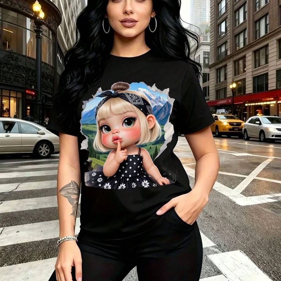 Camiseta de mujer con estampado de personaje de dibujos animados estilo bebé haciendo gesto de silencio con pañuelo en la cabeza - camiseta casual de manga corta, ajuste cómodo y moderno, estilo urbano y divertido - ideal para paseos por la ciudad, r - Negro - Ver 1