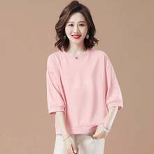 2026Camiseta Básica de Mujer, Manga Tres Cuartos, Color Macarrón,% Algodón, Casual, Primavera, Moda Artística, Versátil, Cuel... - Color sólido rosa - Ver 1