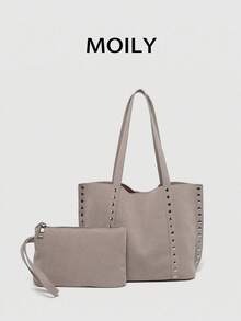 Black Large Capacity Commuter Women's Tote Bag, Fashionable Shoulder Bag With Multiple Rivet Niche Elements, Elegant Suede Design Handbag With Better Texture, Suitable For Dating, Daily Use, Shopping - Grey - View 2