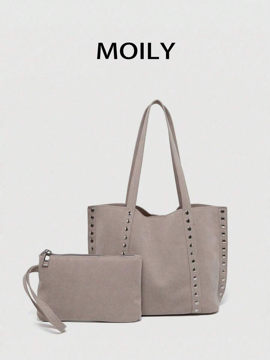 Black Large Capacity Commuter Women's Tote Bag, Fashionable Shoulder Bag With Multiple Rivet Niche Elements, Elegant Suede Design Handbag With Better Texture, Suitable For Dating, Daily Use, Shopping