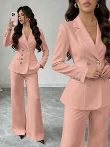 Traje de mujer minimalista de estilo francés, de unicolor, con hebilla asimétrica, ajustado, para uso profesional y de viaje - Rosa - Ver 1