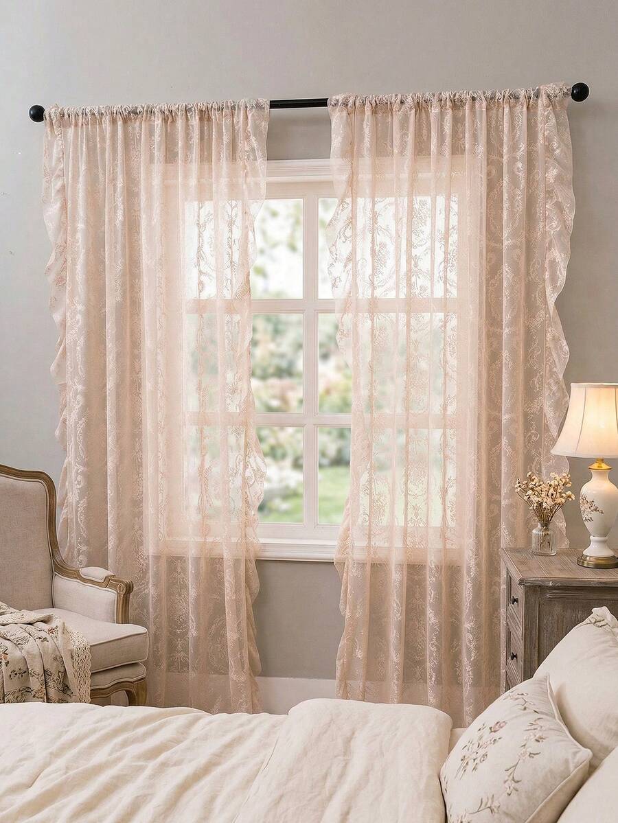 1pc French Countryside Style Floral Lace Trim Curtain Sheer, Holiday Decor - Beige - View 1