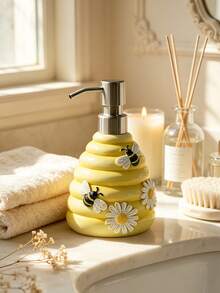 Novel Bee-Themed Resin Lotion Dispenser Bottle, Functional Resin Pump Bottle, Suitable For Hand Soap, Dish Soap, Shampoo, Lightweight Resin Dispenser Bottle, Suitable For Kitchen, Bathroom, Laundry Room - Yellow - View 1