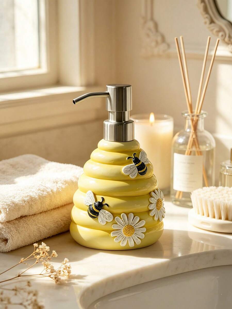 Novel Bee-Themed Resin Lotion Dispenser Bottle, Functional Resin Pump Bottle, Suitable For Hand Soap, Dish Soap, Shampoo, Lightweight Resin Dispenser Bottle, Suitable For Kitchen, Bathroom, Laundry Room - Yellow - View 1