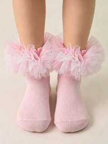 1 Pair Girls Princess Style Mesh Lace Short Socks Baby Dual-Tone Ruffle Mesh Dance Performance Tutu Socks - Pink - View 1