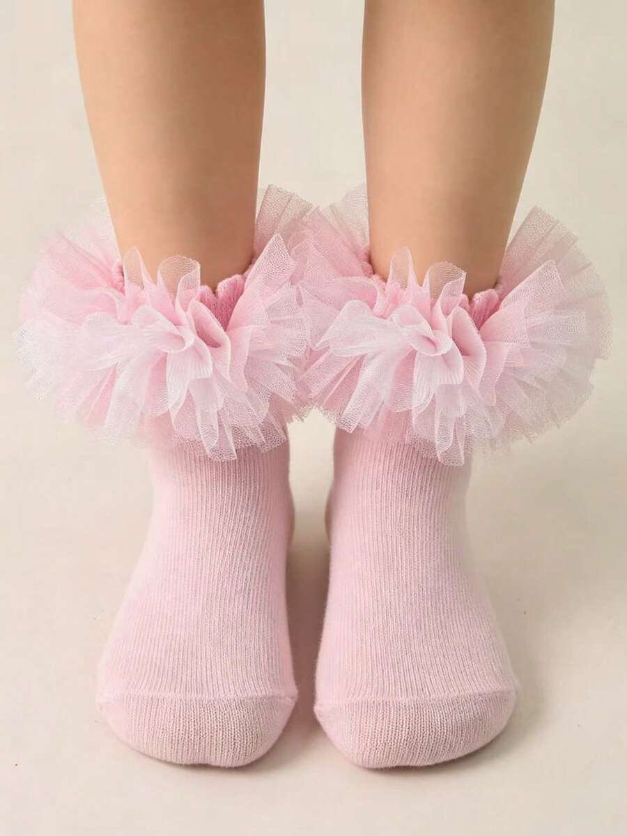 1 Pair Girls Princess Style Mesh Lace Short Socks Baby Dual-Tone Ruffle Mesh Dance Performance Tutu Socks - Pink - View 1