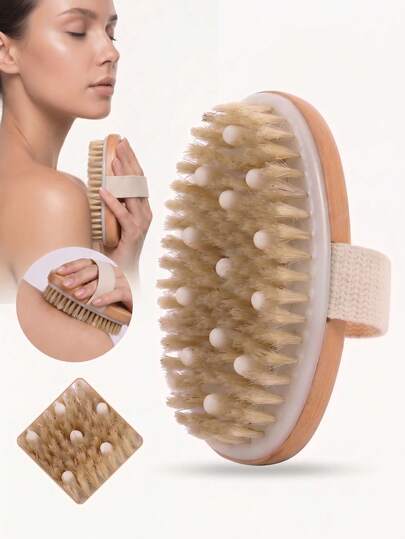 1pc Dry Brushing Body Brush Natural Boar Bristles Exfoliating Body Scrubber Brush Cellulite Bath Brush With Massage Nodules For Dry Skin Improve Circulation Lymphatic Drainage,Dry Brushing Body Brush Natural Boar Bristles Exfoliating Body Crubber