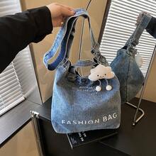 Bolso de mano moderno y versátil para mujer, estilo casual elegante con un toque de alta gama, bolso de hombro estiloso ideal para salir de compras, nuevo bolso de mezclilla para hombre, bolso cruzado, bolso de mano, bolso de hombro, mochila de gran capacidad, bolso de hombro moderno y artístico para estudiantes. - Azul oscuro con colgante - Ver 6