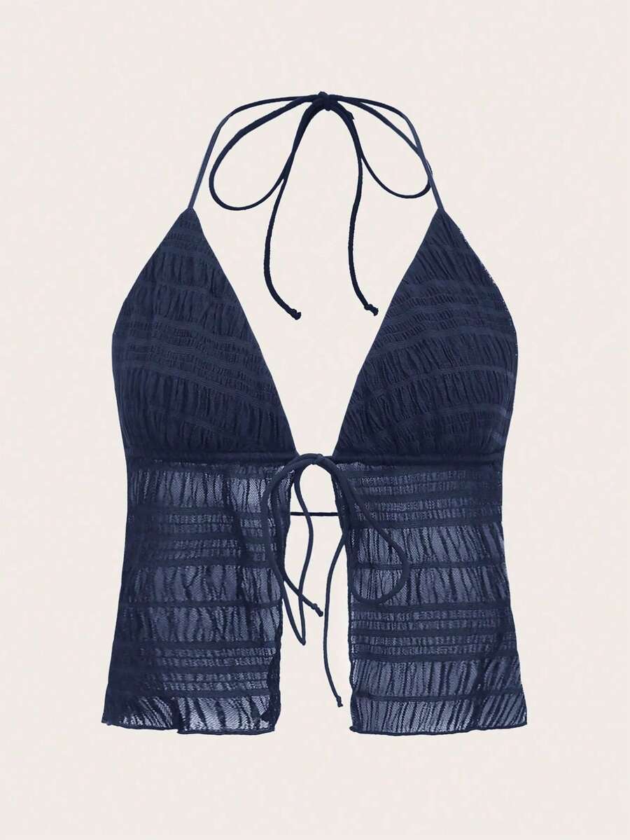 ICON Backless Mesh Halter Top With Split Tie Hem, Style Y2K - Navy Blue - View 1